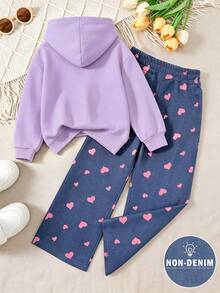 Girls Casual Cartoon Cow Print Hooded Sweatshirt And Loose Pants 2-Piece Set, Autumn/Winter Daily Home And Outdoor Wear - Mauve Purple - View 2