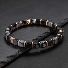 Snowflake Obsidian Square Bead Bracelet With Gold Spacer And Micro-Inlaid Rhinestones, Elastic Stretch Bracelet, Unisex Jewelry Gift - Multicolor - View 2