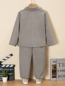 2pcs/Set Little Boy Gray Corduroy Letter Embroidered Shirt Jacket And Sweatpants, Casual Outfit, Suitable For Back To School, Daily Wear, Autumn/Winter - Light Grey - View 2