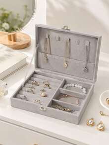 1pc Large Capacity Multi-Compartment Flocked Jewelry Box, Minimalist Solid Color Rectangular Flip Top Jewelry Storage Box, Divided Storage Area, Soft Lining With Metal Lock Design, Dust-Proof And Scratch-Resistant Jewelry Organizer, Suitable For Rings, Earrings, Necklaces, Bracelets, Bangles Classification Storage, Ideal For Bedroom Vanity, Closet, Dormitory And Birthday, Valentine's Day, Mother's Day, Christmas Gifts - Multicolor - View 8