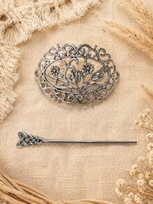 1pc French Vintage Minimalist Hollow Floral Hair Stick Hair Accessory For Women - Multicolor - View 7