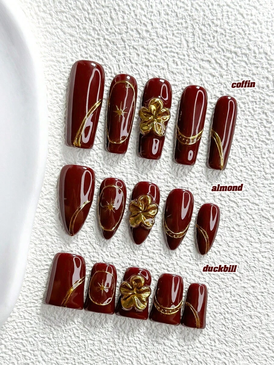 10片裝復古奢華手工穿戴甲,Polygel美甲套組,花卉與星星圖案,紅棕色與金色指甲油,成熟風格,附美甲工具,3種尺寸可選,杏仁形、鴨嘴形、棺材形,適合派對、跳舞、日常配戴 - 彩色 - 查看 1