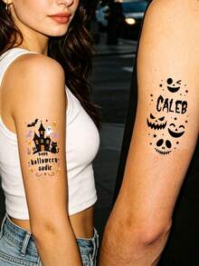 4-40PCS Custom Halloween Temporary Tattoo, Personalized Name Fake Tattoo Sticker, Spooky Ghost Bat Haunted House Style, Customized Body Tattoo For Halloween Party, Customizable Costume Accessory, Halloween Favor, Unique Holiday Gift, Halloween Gifts - Black and White - View 6