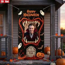 2D Flat Halloween Giant Fang Rectangular Hollow Photo Frame Backdrop Banner, Ghost Bat Pumpkin Tombstone Horror Party Portrait Photography Decoration Cloth - 1 - View 3