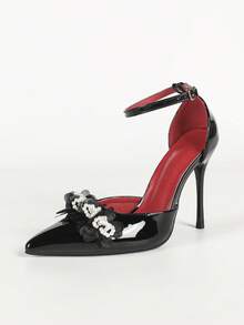 Women's Black Pointed Toe French Mesh Pearl Flower Closed Toe High Heel Sandals With Single Strap Stiletto Heel For Evening Party Dress - Black - View 2