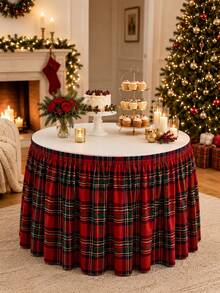 1pc Red Plaid Table Skirt, Festive Polyester Round Elastic Table Cover Skirt With Classic Tartan Print, Gathered Pleated Edge For Dessert Table, Buffet Table, Cake Display, Party Supplies, Christmas Holiday Home Decor - Multicolor - View 9
