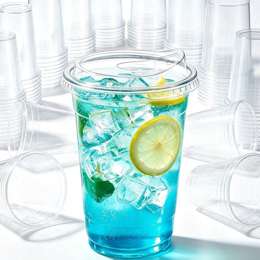 16oz/14oz Set Clear Cups With Lids, Sturdy Straight Lid Iced Drink Cups, Disposable Smoothie Cups, Suitable For Cold Drinks, Juice And Milkshakes - Halloween/Christmas/Birthday Party Essentials - Transparent - View 1