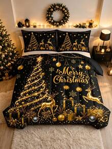 3pcs Christmas Theme Black Background Gold Christmas Tree & Deer Pattern Bedding Set - Soft, Comfortable & Breathable, 200g Quilted Filling, Includes 1 Quilt And 2 Pillowcases (Pillow Inserts Not Included) - Perfect Choice For Home Or Dorm Christmas Decoration - Multicolor - View 6