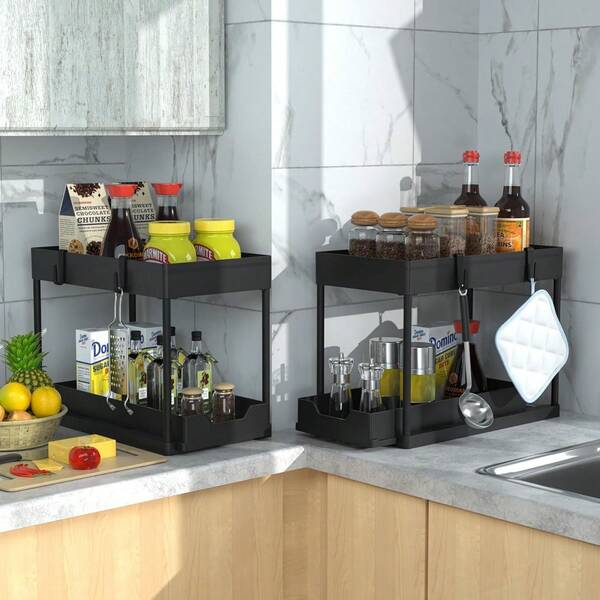 1 Or 2 Pack Heavy Duty Under Sink Organizer, Sliding Basket, 2 Tier Slide Out Rack With Adjustable Shelves, Space Saving Kitchen Bathroom, Black, Storage For Cleaning Supplies Toiletries Spices Dishes, Easy Assembly Durable Rustproof, Sponge Holder