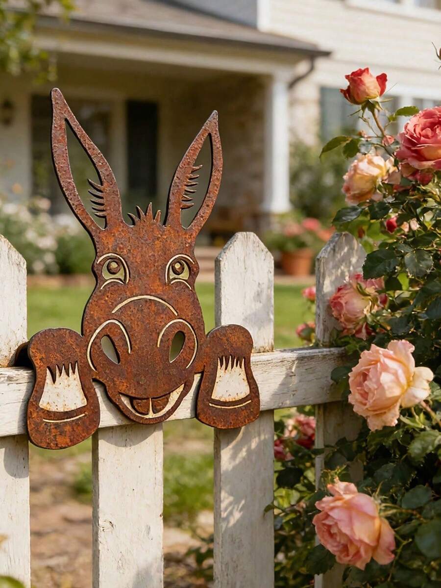 Rusted Metal Donkey Head Garden Stake/Fun Farm Animal Wall Decor For Outdoor Rustic Style (Suitable For Yard, Fence, Patio And Lawn)/Rusted Metal Donkey Garden Stake/Rustic Farm Animal Fence Decoration - C - View 1
