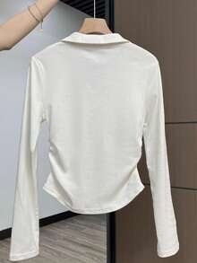 Hot Girl Style Lapel V-Neck Long Sleeve Base Layer Top With Side Drawstring Ruched Design And Niche Letter Print Cropped Blouse Casual White - White - View 2