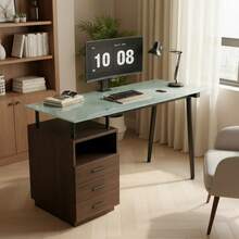 Modern Desk With Glass Top, 3 Drawers, Open Shelf And Metal Frame, Brown - 棕色 - 查看 5