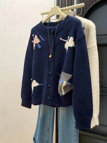 Women's Navy Blue Pom Pom Bow Knit Cardigan, Button Front Sweater Jacket, Suitable For Coffee Date, Autumn/Winter, Halloween, Thanksgiving, Christmas - Navy Blue - View 6