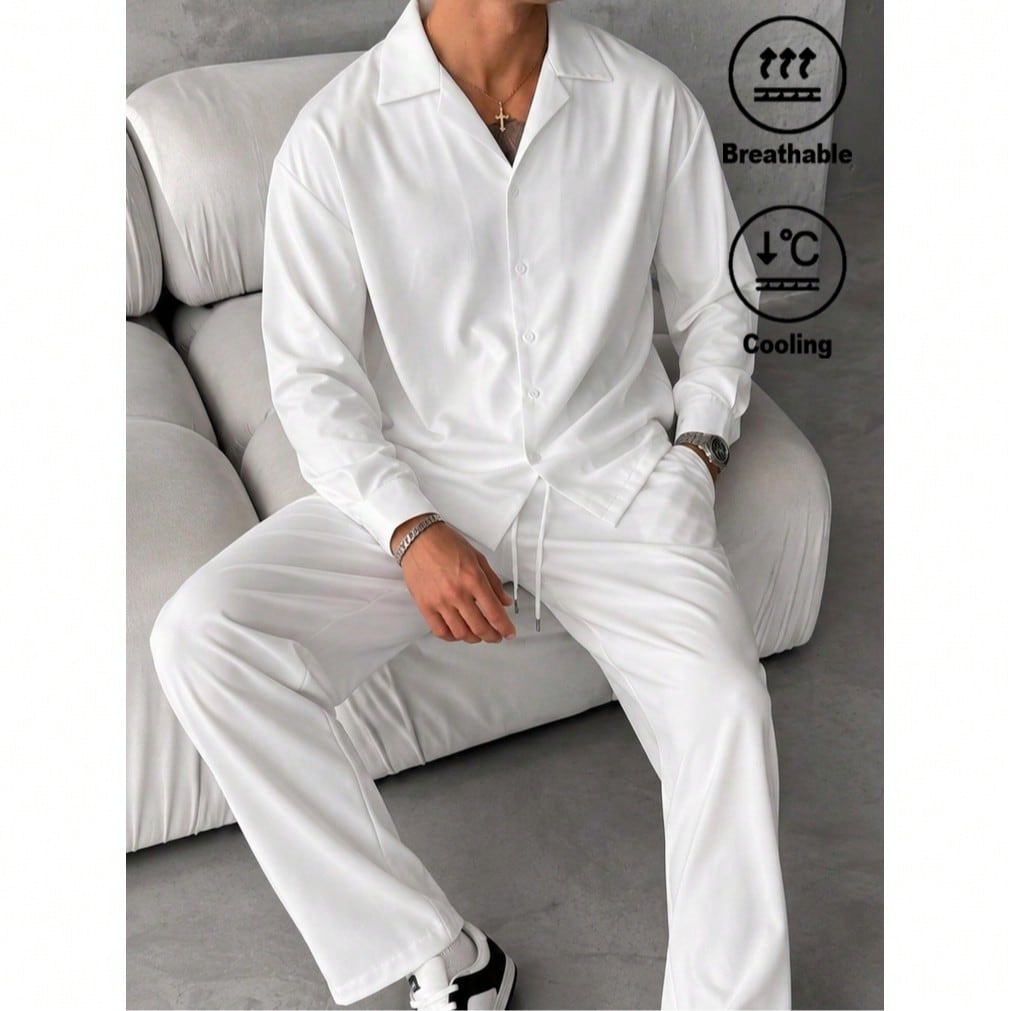 White 2 Pieces Set, Camp Collar Long Sleeve Shirt And Drawstring Wide Leg Casual Vacation Pants