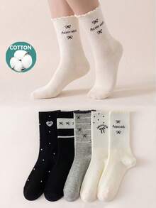 1/5 Pairs Women's Sweet Bow Mid-Calf Socks, Cotton Socks, Soft & Breathable, Personalized, Preppy Style, Suitable For Home, Commute, Holiday Gift - Multicolor - View 1
