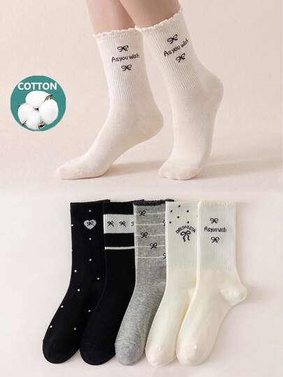 1/5 Pairs Women's Sweet Bow Mid-Calf Socks, Cotton Socks, Soft & Breathable, Personalized, Preppy Style, Suitable For Home, Commute, Holiday Gift