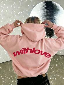 Streetwear Style Plus-Size Crew Neck Sweatshirt With "Withlove" Letter Print And Unique Slogan Pattern, Perfect For Vacations, Trips, And The Beach. - Flesh Pink - View 2