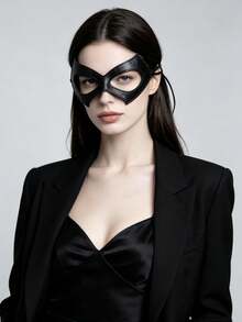 1pc Half Face Cat Eye Mask, Women's Black PU Leather Cat Mask, Halloween Masquerade Party Eye Mask, Cosplay Prop, Suitable For Halloween Party Role Play - Black - View 2