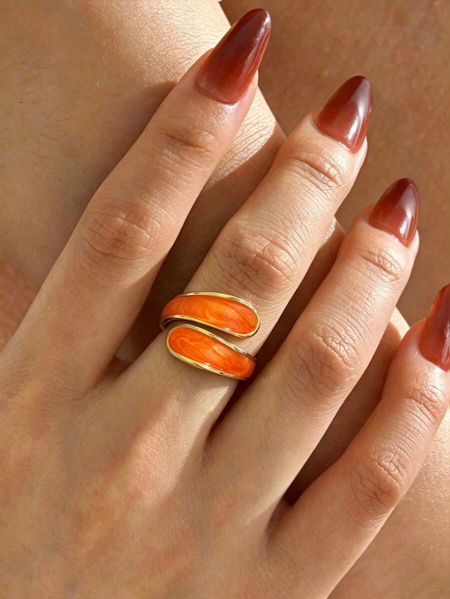 1pc Gold-Plated Orange Enamel Double-Layer Personalized Ring, Minimalist Fashion Stackable Jewelry, Suitable For Daily, Party, Date, Great Gift Choice - Multicolor - View 1