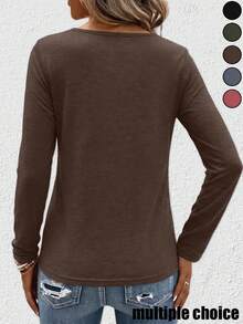 3pcs Women's Autumn Long Sleeve V-Neck Lace Detail Knit T-Shirt Regular Fit Top - Army Green + Dark Brown + Dark Blue - View 5
