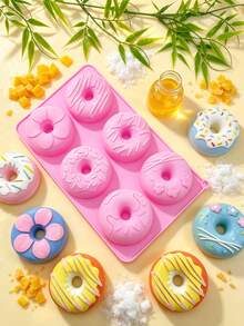 Multi-Pattern 6-Cavity Round Donut Mold, 3D Highly Attractive Homemade Fancy Donut Dessert, Pink Family Party DIY Baking Silicone Mold, Suitable For Dessert Making, Cake Decoration, Party Sweets, Handmade Chocolate, Afternoon Tea Snacks - Multicolor - View 2