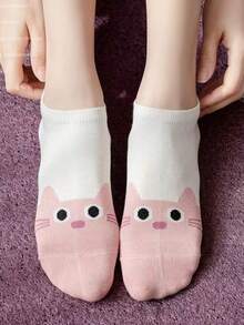 5 Pairs Pink Cartoon Cat Casual Versatile Short Socks - Multicolor - View 2