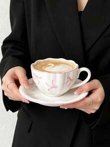 1pc French Girl Style Pink Bow Ceramic Coffee Cup And Saucer Set, Delicate High-Temperature White Porcelain Material, Wavy Rim, Pink Edge Trim, Hand-Painted Soft Pink Bow Print, Rounded Comfortable Handle; Suitable For Latte, Fruit Tea, Milk, Home Afternoon Tea, Office Drinking, Cafe Display, Girly Desktop Decor, Exquisite Holiday Gift And Other Various Occasions - Multicolor - View 4