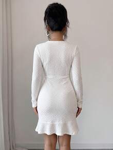 Elegant White Knitted Bodycon Long Dress For Women, Long Sleeve With Gold Buttons, Perfect For Fall Casual Wear - White - View 2