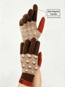 1pc Retro Color-Blocked Floral Pattern Knitted Gloves, Retro Mori Girl Style, Five-Finger Split Fit, Touchscreen Exposed Fingertips, Ribbed Cuffs, Suitable For Commuting, Outdoor Activities, And Everyday Life In Autumn And Winter. - Multicolor - View 9