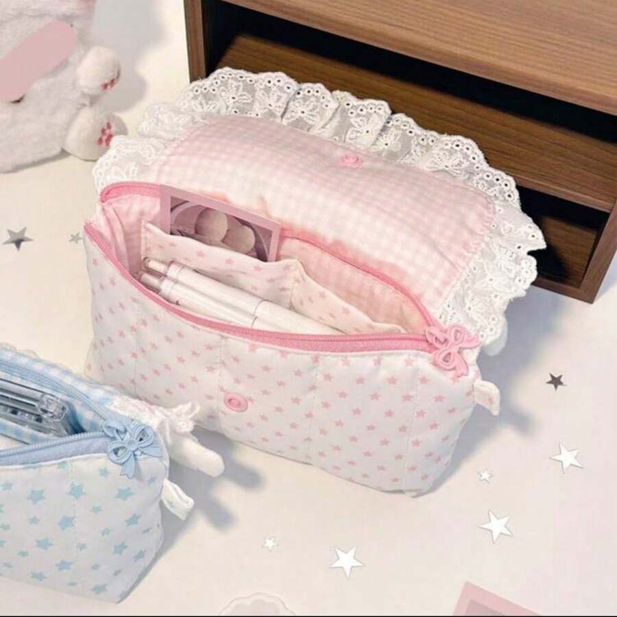 1pc Pink Star Rabbit Lace Ruffle Edge Spandex Bag, Foldable Design With Bow Detail, Soft Fabric Storage Organizer Box For School Supplies, Office Stationery, Makeup Brushes And Small Accessories, Multi-Functional Cosmetic And Travel Storage Bag - A - View 1
