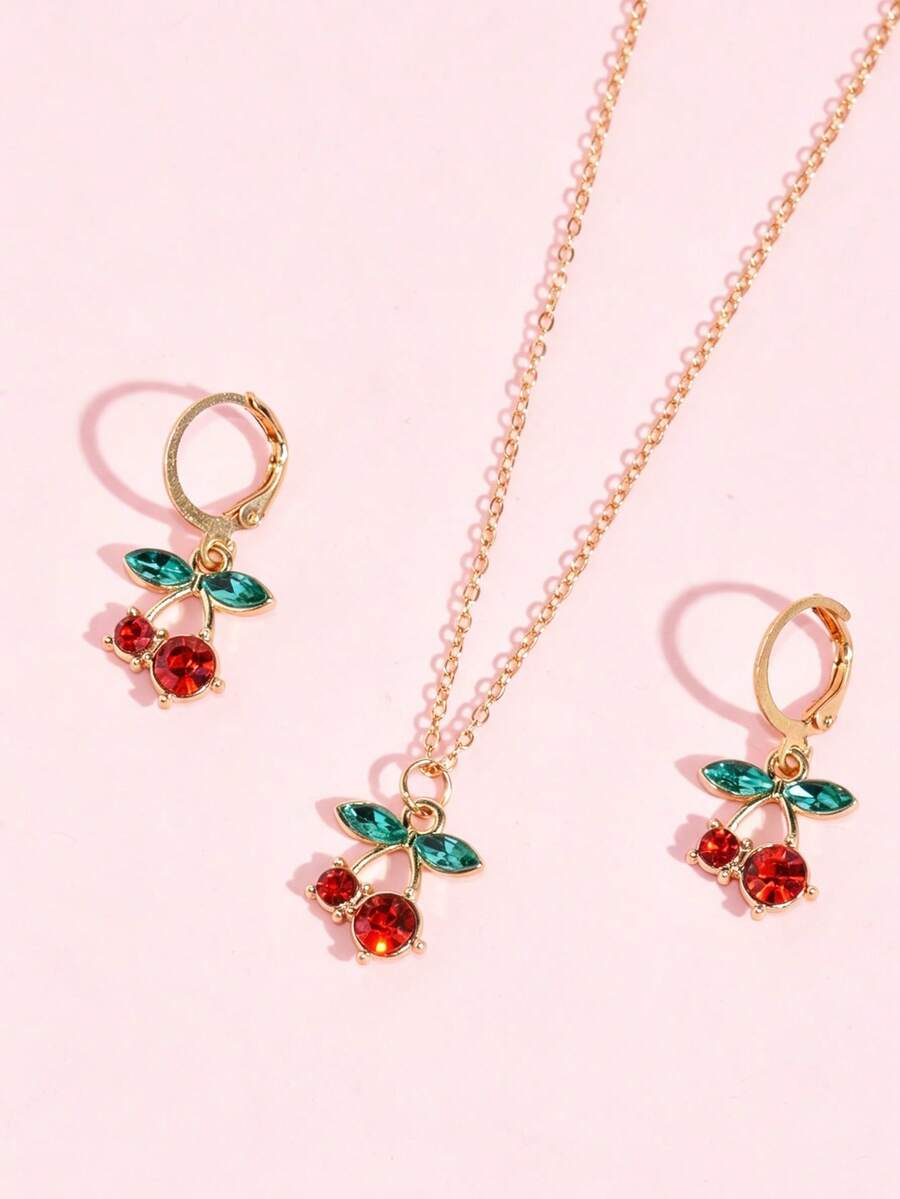 3pcs/Set Cute Cherry Rhinestone Jewelry Set Fashion Necklace Earrings Girls Daily Accessories Party Small Gift - one-size - View 1