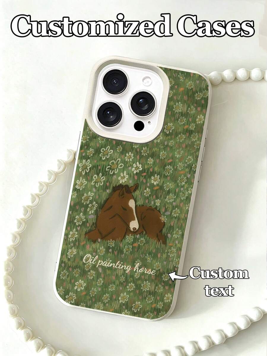 1件個性化自定義文字手機殼，綠色田野油畫馬匹設計，適用於 iPhone 17 Pro Max/17 Air/16E/16 Pro Max/15/14 Plus/13/12/11, S24/20 Ultra/A52S/A31A21S/A13/A05S, Note 13 Pro Plus/Note 10/Note 12C/Note 13C，TPU 材質，時尚個性防震，極簡質感設計，適合喜愛馬元素或追求個性化手機配件的用戶 - 白色 - 查看 1