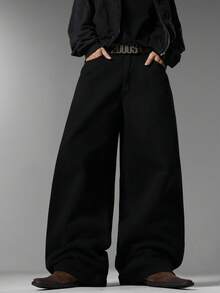 Men's Black Jeans, Unique Back Pocket Embroidery, Minimalist Fashion Loose Wide Leg Pants, Versatile All Season Wear (Belt & Accessories Not Included) - Black - View 7