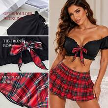 ZGQNBelle Women Plus Size Sexy Black Plaid Lingerie Set - Schoolgirl Cosplay Costume With Crop Top & Mini Skirt - 黑紅 - 查看 6
