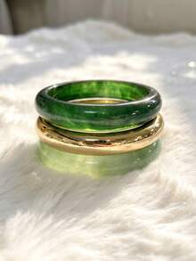 3pcs/Set Transparent Resin Bangle With Color-Block Gold Rim, Fashionable Personalized Women's Bracelet Accessory - Green - View 2