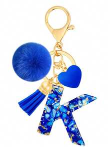Cute A-Z Initial Keychain With Royal Blue Pom Pom, Heart And Tassel, Minimalist Personalized Key Chain For Women, Bag Charm, Daily Wear Accessory And Gift - Royal Blue - View 9