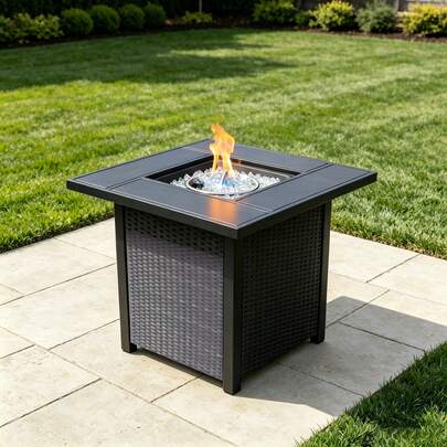 28" Propane Gas Fire Pit Table, Rattan Fire Pit With Lid,50000 BTU Wicker Square Fire Pit For Patio Deck Garden Backyard,Add Warmth To Gatherings