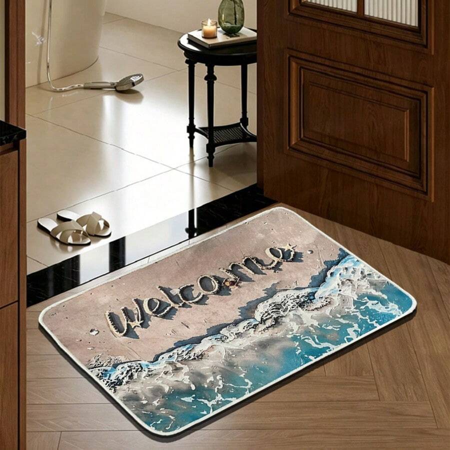 1pc Summer Beach Vacation Style Gold Diamond Velvet Rug, Comfortable & Durable, Balcony Hallway Decor Carpet, Entryway Bedroom Kitchen Doormat, Home Essential - Multicolor - View 1