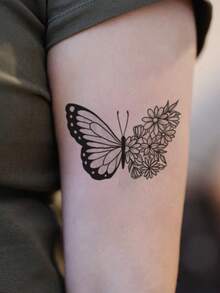 1 Sheet Vintage Line Art Butterfly & Daisy Floral Fake Tattoo Sticker, Minimal Black Outline Insect Flower Temporary Tattoo, Sweat‑Resistant Waterproof Body Decal, Chic Pattern For Wrist Forearm, Fashion Body Accessory For Young Ladies - Black - View 3