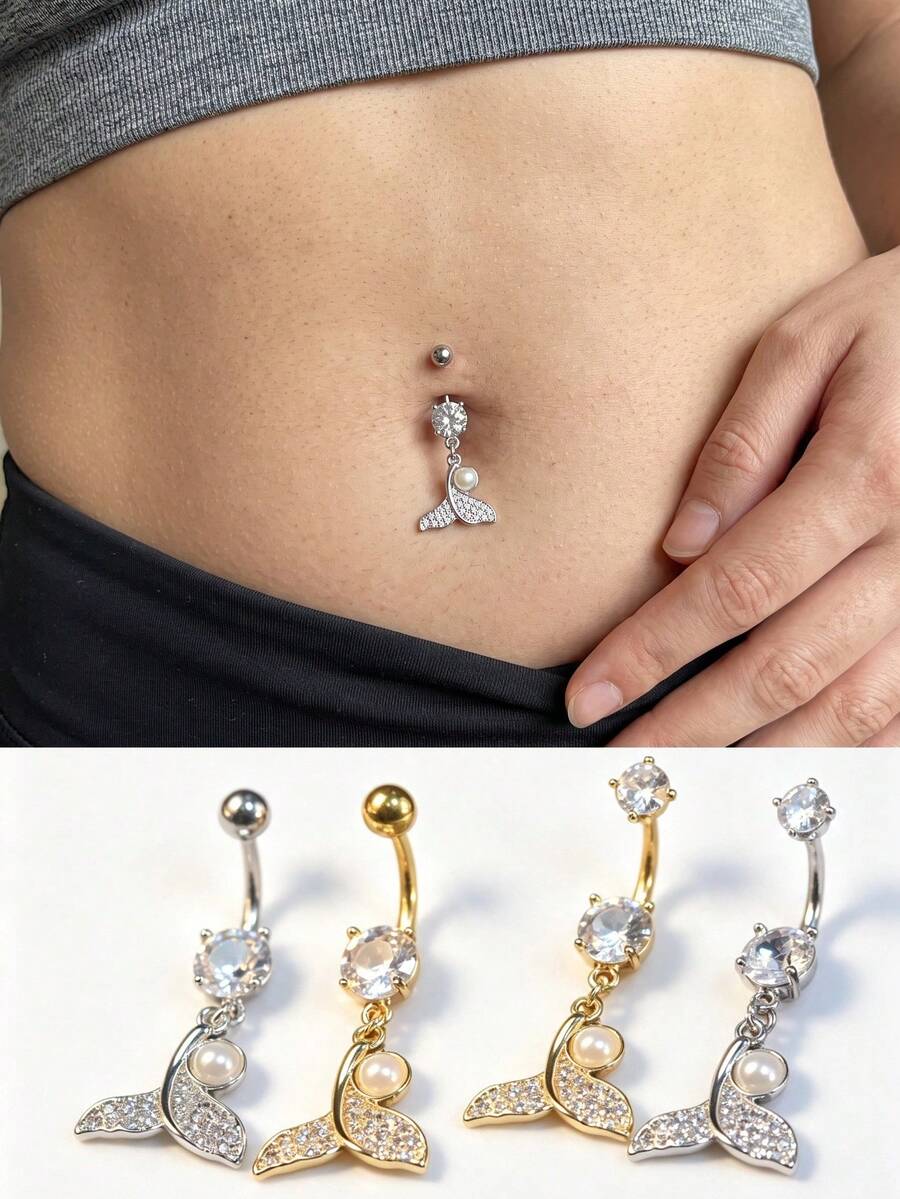 4Pcs Y2K Mermaid Tail Stainless Steel Belly Button Ring, Inlaid Zirconia Pearl Dangle Belly Piercings Jewelry For Women, Daily Wear Party Holiday Gift - Multicolor - View 1