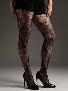 1 Pair Curve Tights Elastic Fishnet Hollow-Out Jacquard Pantyhose Women's Fashion Sexy Black Stockings Vintage Gothic Style Versatile Leggings Halloween Outfit Y2K - Black - View 1