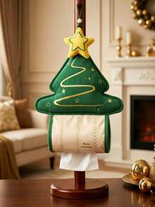 1PC Red Green Christmas Tree Pattern Hanging Tissue Holder, Festive Cute Corduroy Fabric Tree‑Shaped Tissue Dispenser, Star Embroidery With Hanging Loop, Space‑Saving Wall‑Mount Tissue Pouch For Xmas Home Living Room Christmas Party Decor Use - Multicolor - View 5