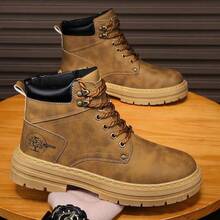 Men's Khaki Casual Work Boots, Thick Sole High-Top Boots - Yellow - View 7
