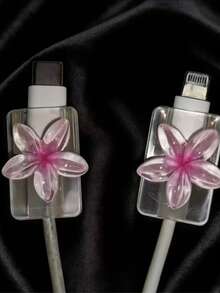 2PCS 3D Cute Plumeria Data Cable Protector, Transparent Crystal Flower Charging Cable Protector Anti-Breakage, Resin Material, No Battery Required, Suitable For Type-C - 2pcs Blue Frangipani - View 2