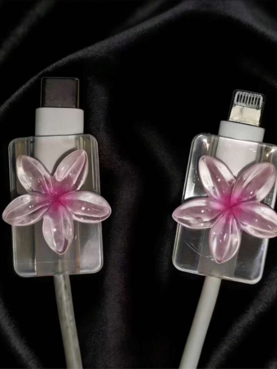 2PCS 3D Cute Plumeria Data Cable Protector, Transparent Crystal Flower Charging Cable Protector Anti-Breakage, Resin Material, No Battery Required, Suitable For Type-C