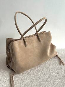 Autumn/Winter New Niche Design Faux Suede Multi-Compartment Shoulder Tote Bag, Minimalist High-Quality Large Capacity Commuter Handbag For Women - Khaki - View 7
