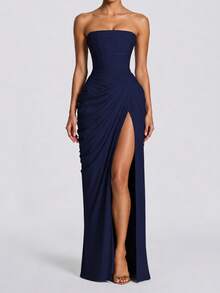 Summer High-Quality Draped Asymmetric Strapless Backless Off-Shoulder Fitted Long Sexy Deep Blue Elegant Evening Party Dress - Navy Blue - View 6