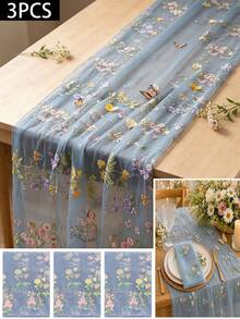 1/3件套刺繡蕾絲四方桌布 派對桌用 花卉花園風輕盈透視桌旗 四季通用 節慶餐桌裝飾 廚房使用 適合婚禮、生日、廚房裝飾 - 藍灰 - 查看 2