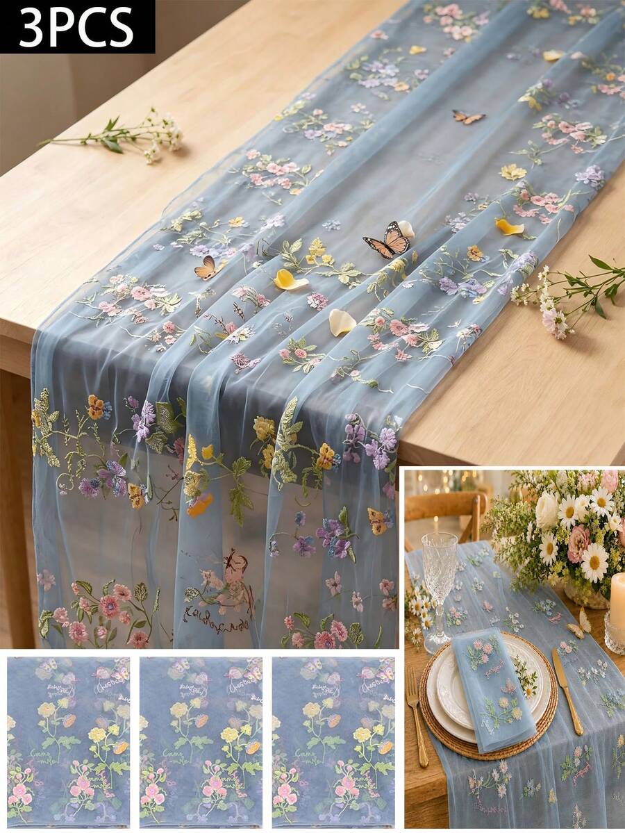 1/3件套刺繡蕾絲四方桌布 派對桌用 花卉花園風輕盈透視桌旗 四季通用 節慶餐桌裝飾 廚房使用 適合婚禮、生日、廚房裝飾