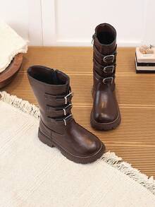 Girls' Brown Tall Riding Boots With Metal Buckle And Side Zipper, Warm Long Boots For Autumn/Winter - Brown - View 1